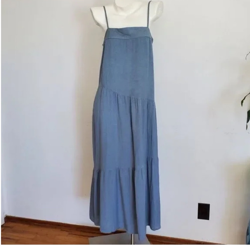 Sim Sam Maxi Dress Medium Blue Chambray Square Neck Spaghetti Strap Pullover